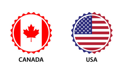 Set of two Canadian and United States of America stickers. Made in Canada and Made in USA. Simple icons with flags isolated on a white background