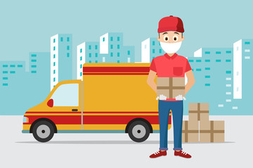 Delivery man with protective mask and gloves holding package box. Courier in front of a delivery truck and city skyline in background. Vector illustration of pandemic and quarantine concept