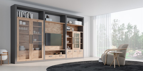 Living room with furniture pine wood and dark grey colors