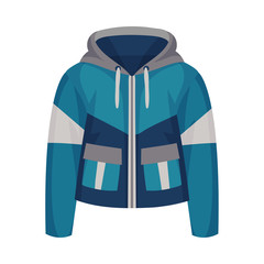 Blue Zippered Anorak with Hood and Side Pockets as Womenswear Vector Illustration