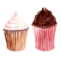 Watercolor isolated illustrations with buns, cream cakes and ripe strawberries, raspberries and cherries