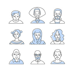 Set of avatar or user icons. Vector illustration. Portraits of multicultural man and woman. Business people.