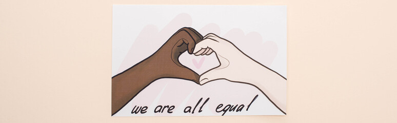 top view of picture with drawn multiethnic hands showing heart gesture on beige background, panoramic shot