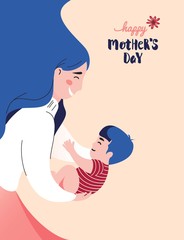Happy Mother`s Day Greeting Card. Vector Illustration Of Mother Holding Baby Son In Arms.