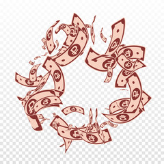Russian ruble notes falling. Messy RUB bills on tr