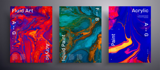 Abstract acrylic poster, fluid art vector texture pack. Trendy background that applicable for design cover, invitation, flyer and etc. Blue, orange, red and golden creative iridescent artwork