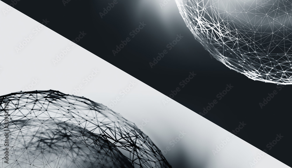 Poster black-white interior poster. polygonal network and high tech 3d illustration. border of two worlds a