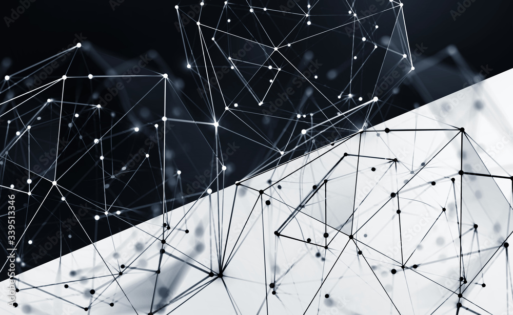 Poster black-white interior poster. polygonal network and high tech 3d illustration. border of two worlds a