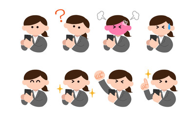 スマートフォンを操作するスーツ姿の女性（デフォルメカラー）