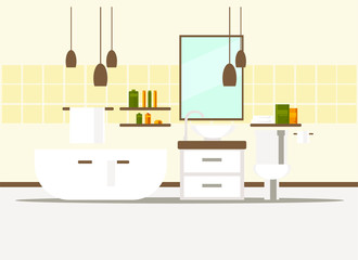 bathroom interior with bath, toilet, washbasin, mirror, shelves, towels. flat vector illustration