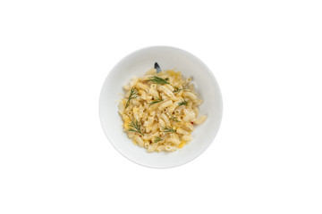 macaroni and cheese with dill in bowl isolated on white background