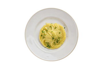 Mashed potato with dill on white plate isolated on white background