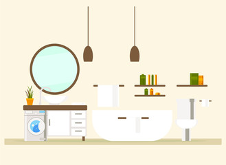 bathroom interior with bath, toilet, washbasin, mirror, shelves, towels and washing machine. flat vector illustration