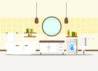 bathroom interior with bath, toilet, washbasin, mirror, shelves, towels and washing machine. flat vector illustration