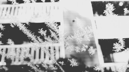 Close-up Of Snowflakes On Glass Window Against Building