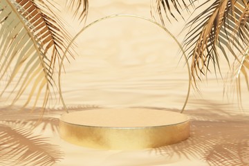 Round gold cylinder podium on sand with golden palm trees. Product presentation background. 3d rendered illustration.