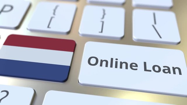 Online Loan text and flag of the Netherlands on the keyboard. Modern credit related conceptual 3D animation