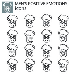 positive emotions set vector boy, man linear icon. positive facial expression emoticon vector sign, symbol black on white background