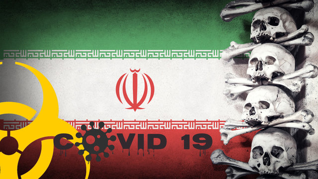 The Concept Of Deadly Coronavirus. COVID 19 Text With Biohazard Symbol With Photo Of Human Skulls And Bones. Iran Flag Background.