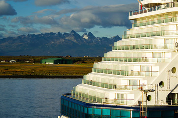 Breathtaking panoramic landscape scenery with mountains and glaciers inside Beagle Channel while...