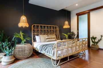 Classic interior bedroom at cozy house with ethnic decor