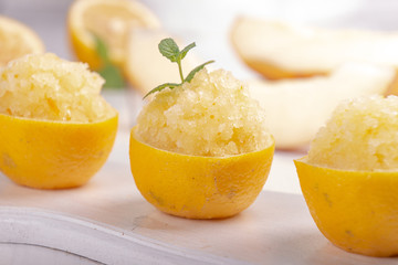 Melon and lemon fruit sorbet. Summer refreshing dessert in half of lemon fruit peel over on white...