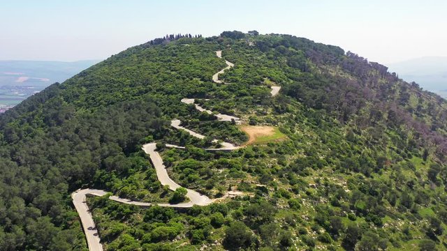 Church of the Transfiguration on top of Mt. Tavor, Israel. slow aerial climb. 
