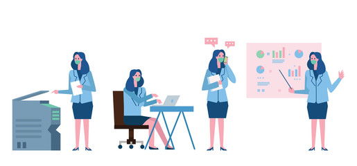 Character of businesswoman working in the virus covid-19 spreading. woman with protection mask. flat design vector illustration