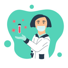 Lady doctor shows coronavirus blood test in tube. Young woman in medical mask and uniform. Health care concept. Isolated on white design element. Flat style vector illustration with spot and circles