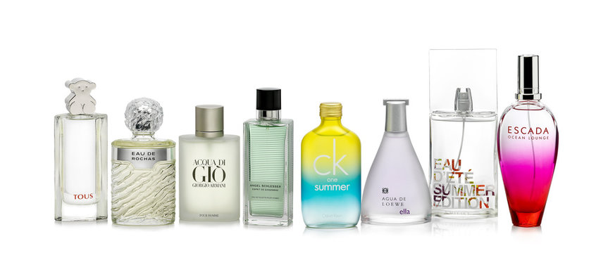 Barcelona- Spain July 2017. Studio shot of luxury perfume brands against white background. Tous Perfume, Eau de Rochas, Gio by Giorgio Armani, Angel Schlesser,Calvin Klain Summer,Loewe, Eau D'Et&eacute;