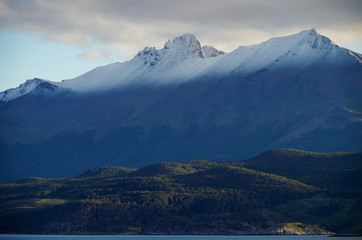 Breathtaking panoramic landscape scenery with mountains and glaciers inside Beagle Channel while...