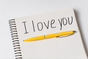 Notepad with words I LOVE YOU. Copybook and pen on white background, close up