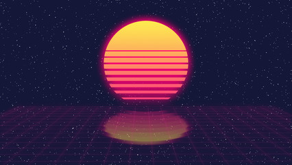 Fototapeta na wymiar Simple Synthwave Sunset background. Retro Future sci-fi backdrop. Laser perspective Grid with Neon glow. 80s movie and outrun game style. Abstract Retrowave party flyer template. Large size. 