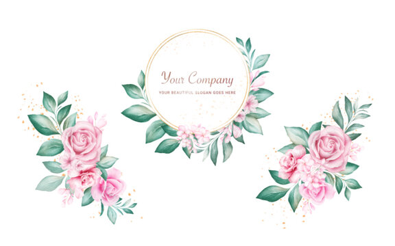 Set of watercolor floral frame and bouquets for logo or card composition. Botanic decoration illustration of peach and red roses, leaves, branches