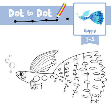 Dot to dot educational game and Coloring book Blue Guppy fish animal cartoon character vector illustration