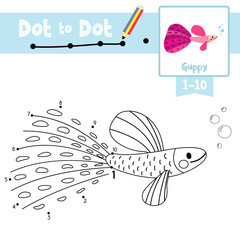 Dot to dot educational game and Coloring book Pink Guppy fish animal cartoon character vector illustration