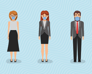 Businesswomen and businessman with masks against 2019 ncov virus vector design