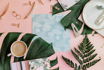 Office table desk. Tropical Flat lay. Home office workspace.