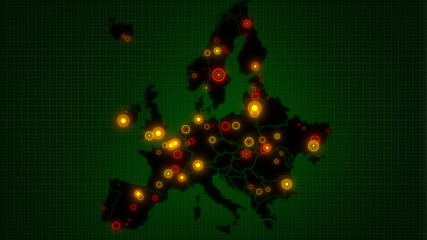 Global Pandemic - Coronavirus attacking Europe with glowing outbreak hotspots - 339522948