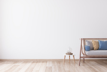 Stylish Modern wooden living room in white background, Scandinavian style, Rattan home decor, 3D render, 3D illustration