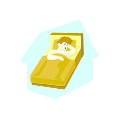 I stay at home awareness social media campaign and coronavirus prevention: man sleeping on the bed with blue background of house