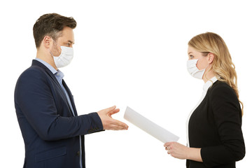 Agreement between businessman and businesswoman. Paper, contract.