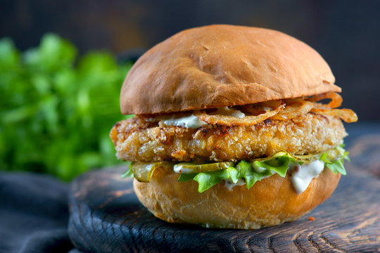 fish Burger with fried onions and sauce