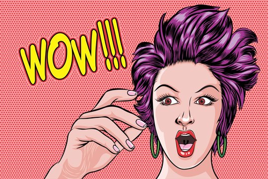 Surprised woman face and saying WOW Pop Art Retro Vector Illustration