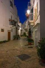 Night view of the streets of the historic center of the white town of Locorotondo in Puglia, Italy.