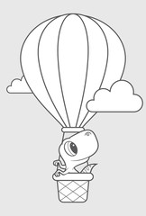 Vector black line baby dinosaur flying balloon. Light grey background.