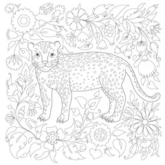 antistress coloring page with cheetah and flower pattern