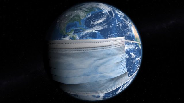 Coronavirus global pandemic - rotating Earth wearing protective face mask with optional alpha channel.