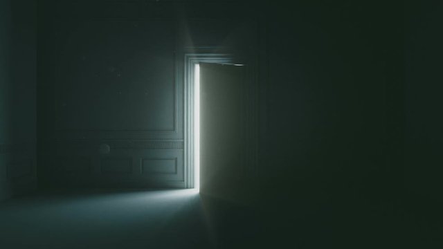 Doors Opening in the Dark Room to the Bright Light. Right Choice Concept. Beautiful 3d Rendering Animation