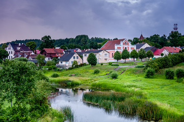 Sabile town with a beautiful natural setting in Abava river valley and it's slopes. Sunset landscape. Latvia